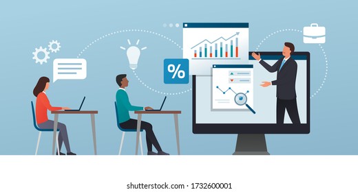 Business management online courses and consulting: corporate businessman connecting with his academic students online and analyzing financial charts