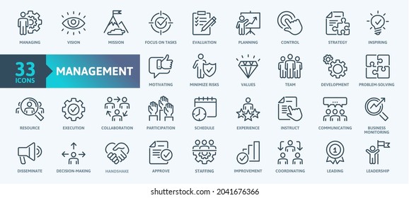 Business Management Outline Icon Collection. Thin Line Set contains such Icons as Vision, Mission, Values, Human Resource, Experience and more. Simple web icons set. - Shutterstock ID 2041676366