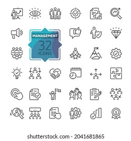 Business Management Outline Icon Collection. Thin Line Set Contains Such Icons As Vision, Mission, Values, Human Resource, Team, Experience And More. Simple Web Icons Set.