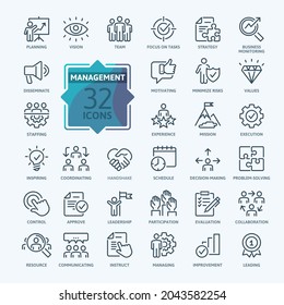 Business Management Outline Icon Collection. Thin Line Set Contains Such Icons As Vision, Mission, Values, Human Resource, Experience And More. Simple Web Icons Set.