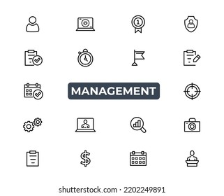 Business Management Outline Icon Collection. Thin Line Set contains such Icons as Vision, Mission, Values, Human Resource, Experience and more. Simple web icons set.