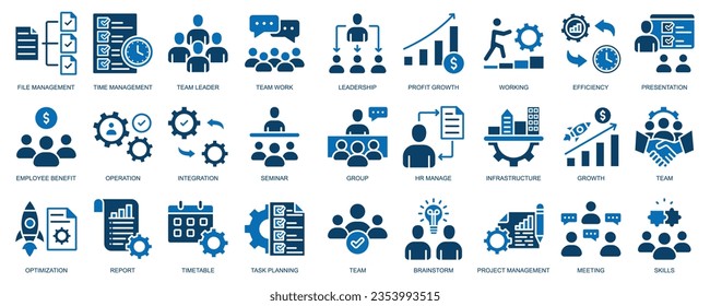 Business Management Outline Icon Collection. Thin Line Set contains such Icons as file management, time management, discussion, skill, Human Resource, Experience and more. Simple web icons set