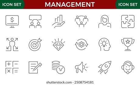 Coleção de Ícones da Estrutura de Tópicos do Business Management. O conjunto de linhas finas contém ícones como visão, missão, valores, recursos humanos, experiência e muito mais. Conjunto de ícones simples da Web.