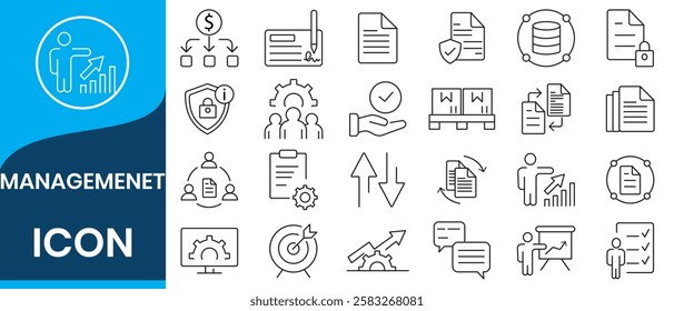 Business Management Outline Icon Collection. Thin Line Set contains such Icons as Vision, Mission, Values, Human Resource, Experience and more. Simple web icons set. vector illustration