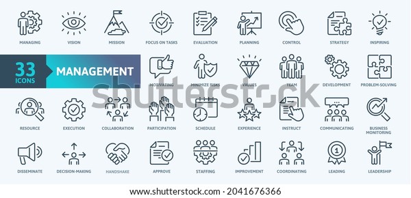 Business Management Outline\
Icon Collection. Thin Line Set contains such Icons as Vision,\
Mission, Values, Human Resource, Experience and more. Simple web\
icons set.
