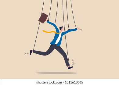 Business management, people manipulation or power to dominate actions concept, fake businessman pretending to be smart with rope or string as puppeteer doll controlled or influence by power boss.