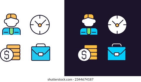 Business and management pixel perfect light and dark theme color icons set. Workflow optimization. Professional hiring. Simple filled line drawings. Bright cliparts on white and black. Editable stroke