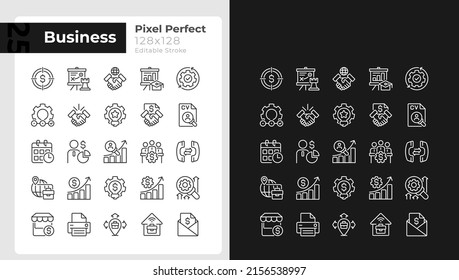 Business management pixel perfect linear icons set for dark, light mode. Thin line symbols for night, day theme. Isolated illustrations. Editable stroke. Montserrat Bold, Light fonts used