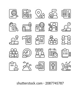 Conjunto de iconos de concepto de procesos de gestión y negocio. Para una empresa, oficina y proyecto independiente. Señales y símbolos de la ilustración del vector con estilo de contorno, trazo editable.