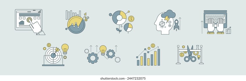 Business Management Process Flat Line Icon Vector Set