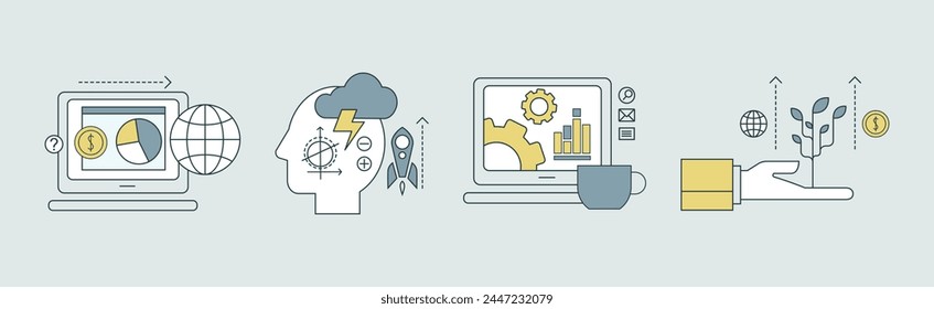 Business Management-Prozess-Flatline-Symbol Vektorgrafik Set
