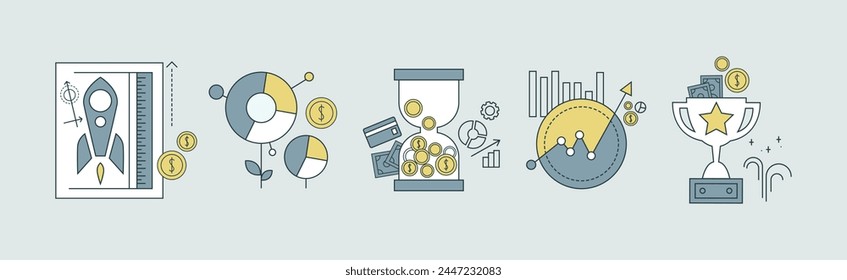 Business Management Process Flat Line Icon Vector Set