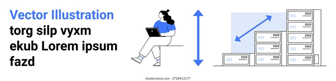 Gerenciamento de negócios, produtividade, análise de dados, rastreamento de inventário, comércio eletrônico, logística. Mulher usando laptop, pilhas de armazém com símbolo de crescimento de seta. Rastreamento de produtividade e estoque