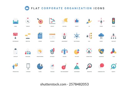 Business management, professional team of corporate company organization color icon set. Stress tension and multitasking skill, hierarchy of employees, org chart flat elements vector illustration