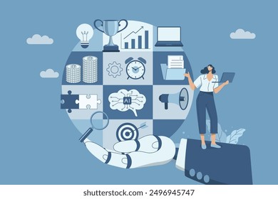 Business management and project development concept, Working with artificial intelligence, AI applications supporting corporate business, Business organization and analysis, Business symbols vector.