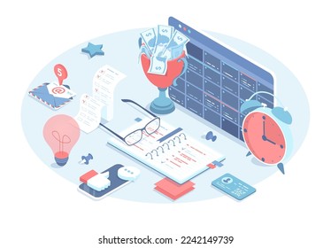 Business management. Project planning, development and scheduling. Business event schedule. Vector illustration in 3d design. Isometric web banner.