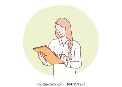 Business, management, recrutment concept. Smiling businesswoman clerk hr manager cartoon character reading document report or contract at office. Recruit analysis and financial paperwork illustration.