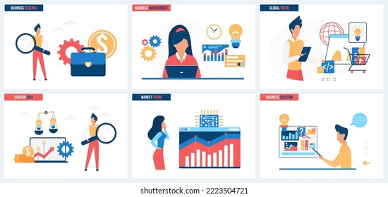 Business and management revenue, solutions and ideas set vector illustration. Cartoon tiny people search with magnifying glass global trends and success startup, analyze stock market charts growth