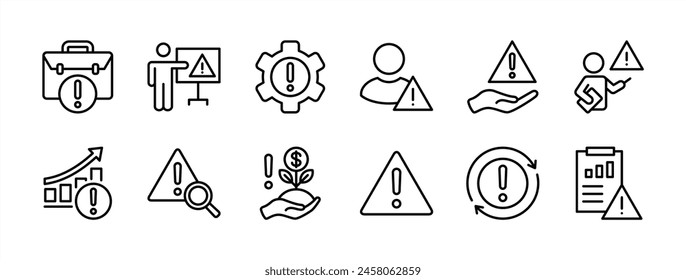 Business management risk thin line icon set. Containing warning or caution chart, investment, plan, employee, analysis, finance, process, infographic, information data, workbag. Vector illustration