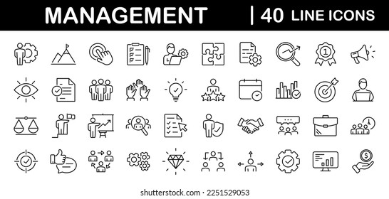 Business Management set of web icons in line style. Management icons for web and mobile app. Media, teamwork, vision, mission, business, planning, strategy, marketing. Vector illustration