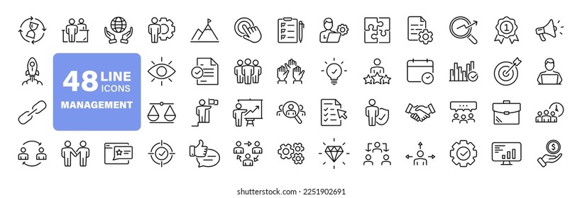 Business Management set of web icons in line style. Management icons for web and mobile app. Media, teamwork, vision, mission, business, planning, strategy, marketing. Vector illustration