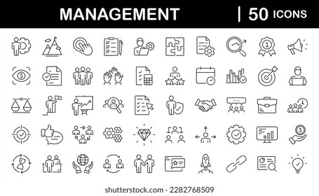 Business Management set of web icons in line style. Management icons for web and mobile app. Media, teamwork, vision, mission, business, planning, strategy, marketing. Vector illustration