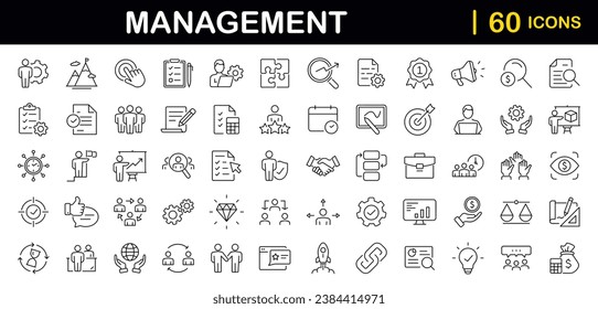 Business Management set of web icons in line style. Management icons for web and mobile app. Media, teamwork, vision, mission, business, planning, strategy, marketing. Vector illustration