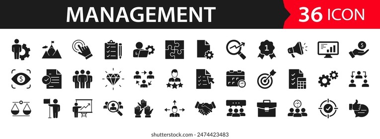 Business Management set of web icons. Management icons for web and mobile app. Media, teamwork, vision, mission, business, planning, strategy, marketing. Solid vector icons collection