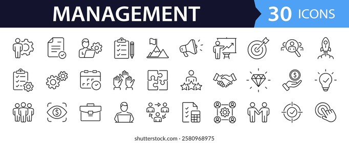 Business Management set of web icons in line style. Management icons for web and mobile app. Media, teamwork, vision, mission, business, planning, strategy, marketing. Vector illustration
