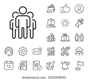 Business management sign. Salaryman, gender equality and alert bell outline icons. Group line icon. Teamwork symbol. Group line sign. Spy or profile placeholder icon. Online support, strike. Vector