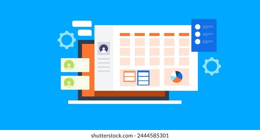 Software de gestión empresarial, Business con sistema de software centralizado, Business CRM para ventas, Clientes y marketing - Ilustración vectorial con iconos