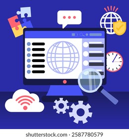 Business management software featuring global data analysis and project planning with icons for communication, security, and efficiency
