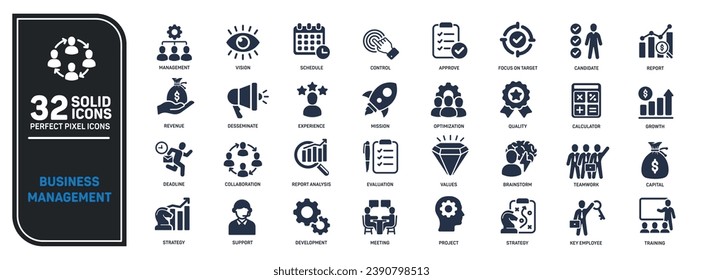 Business management solid icons collection. Containing strategy, teamwork, development, organisation etc icons. For website marketing design, logo, app, template, ui, etc. Vector illustration.