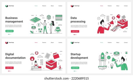 Business management and startup development thin line set vector illustration. Cartoon tiny people with megaphone launch project rocket, work with safe analytic service for planning and organization