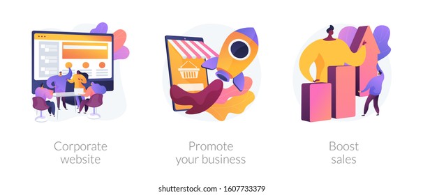 Business management. Startup lunch, sales and profit increasing, company webpage. Corporate website, promote your business, boost sales metaphors. Vector isolated concept metaphor illustrations.