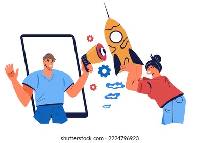 Business management and startup promotion concept, flat vector illustration isolated on white background. Increase sales and profits, business promotion.