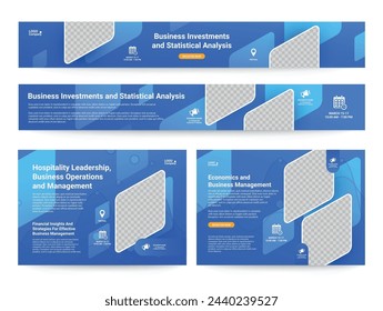 Business management statistical investment banner landing page design template set vector illustration. Corporate analysis economic leadership marketing information invitation meeting advertising