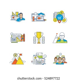 Business and management, stratefy, education, leadership, school disciplines, purpose and motivation, teamwork icons set over white background. Flat line icons for infographics design elements.