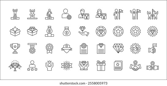 Business management success award achievement thin line icon set. Containing reward, winner, champion, badge, medal, certificate, goal, target, trophy, crowned. Vector stock illustration.