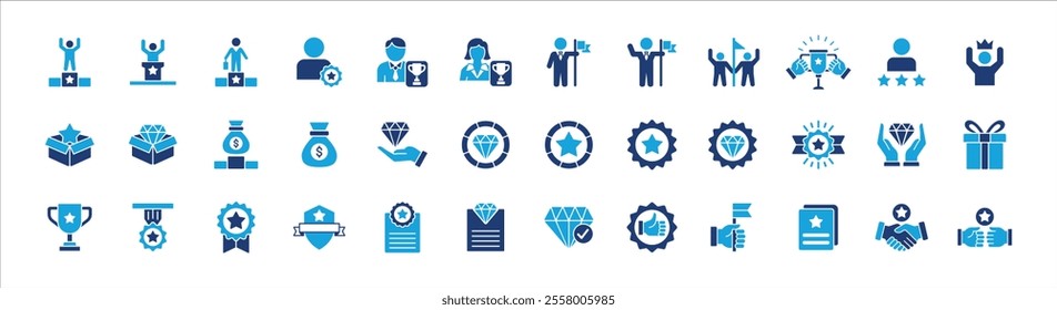 Business management success award achievement icon set. Containing reward, winner, champion, badge, medal, certificate, goal, target, trophy, crowned. Vector stock illustration.