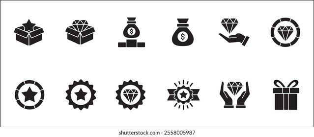 Business management success award achievement flat icon set. Containing reward, winner, champion, badge, medal, certificate, goal, target, trophy, crowned. Vector stock illustration.