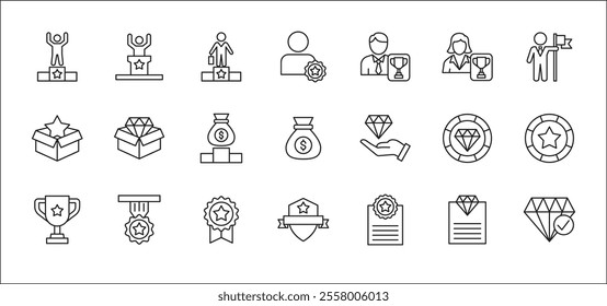 Business management success award achievement thin line icon set. Containing reward, winner, champion, badge, medal, certificate, goal, target, trophy, crowned. Vector stock illustration.