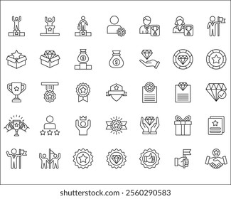 Business management success award achievement thin line icon set. Containing reward, winner, champion, badge, medal, certificate, goal, target, trophy, crowned. Vector stock illustration.