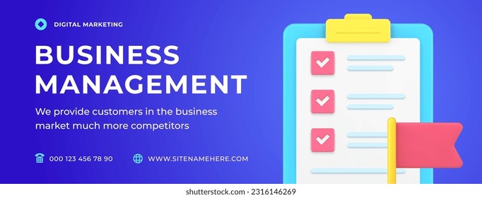 Business management successful strategy development planning optimization social media banner 3d icon vector illustration. Marketing solution to do list deadline control efficiency organization