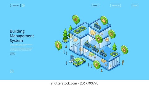 Business Management System Isometric Landing Page, Computer-based Control Installed In Buildings That Managing And Mechanical And Electrical Equipment, Home Automation, 3d Vector Line Art Web Banner