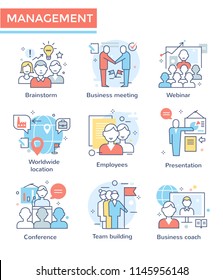 Business management and teamwork icons, thin line,  flat design, color set