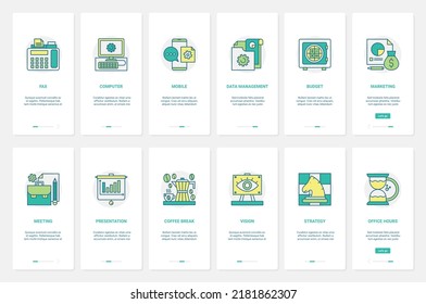 Business management technology vector illustration. UX, UI onboarding mobile app page screen set with line equipment for business communication, presentation on managers meeting and office work