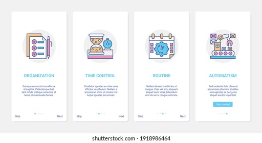 Business management, time control concept vector illustration. UX, UI onboarding mobile app page screen set with line time schedule organization, planning routine, machine automation abstract symbols