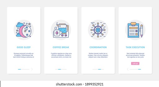 Business management, time coordination execution concept vector illustration. UX, UI onboarding mobile app page screen set with line coordinating tasks, good sleep coffee break abstract symbols