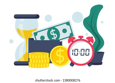 Business and management. Time is money flat icon. Save time and money saving. Web template managing. Financial planning. Vector illustration flat design. Isolated on white background.